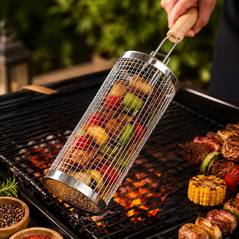 Outdoor Camping Essentials - Round Barbecue Grill Basket Set Stainless